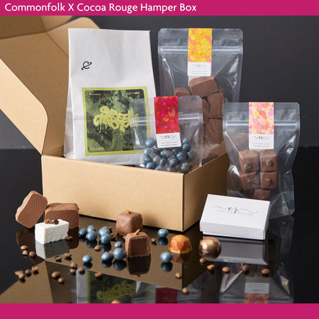 Commonfolk X Cocoa Rouge Hamper Box with all the limited edition products in including a 200g bag of seasonal blend coffee