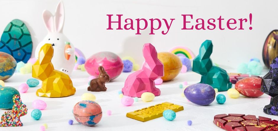 Happy Easter banner with colourful geometric chocolate bunnies and decorated Easter eggs