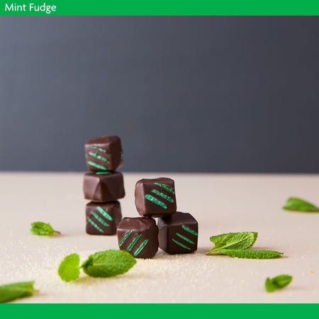 Mint fudge cubes with green lines on a light surface with mint leaves, against a dark background.