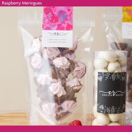 Raspberry Meringues with visible branding on a neutral background
